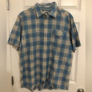 Mountain Khaki, Men's Blue Plaid Button Down, Short Sleeve, Size Large